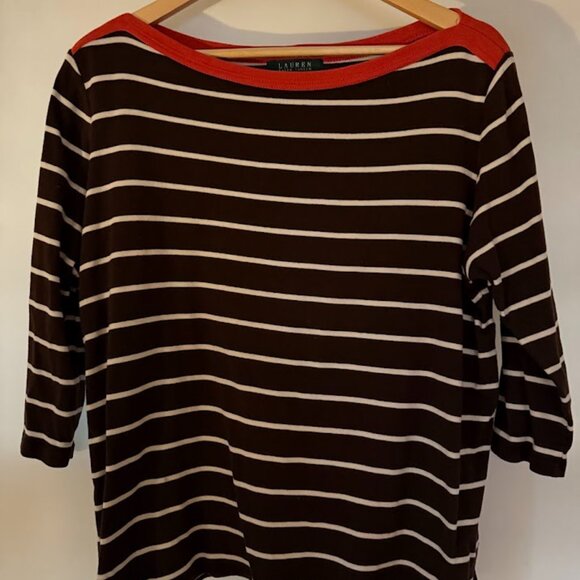 Ralph Lauren 3/4 Sleeve Jersey Top, Brown and White Striped Orange Neckline, 1X - Picture 2 of 5